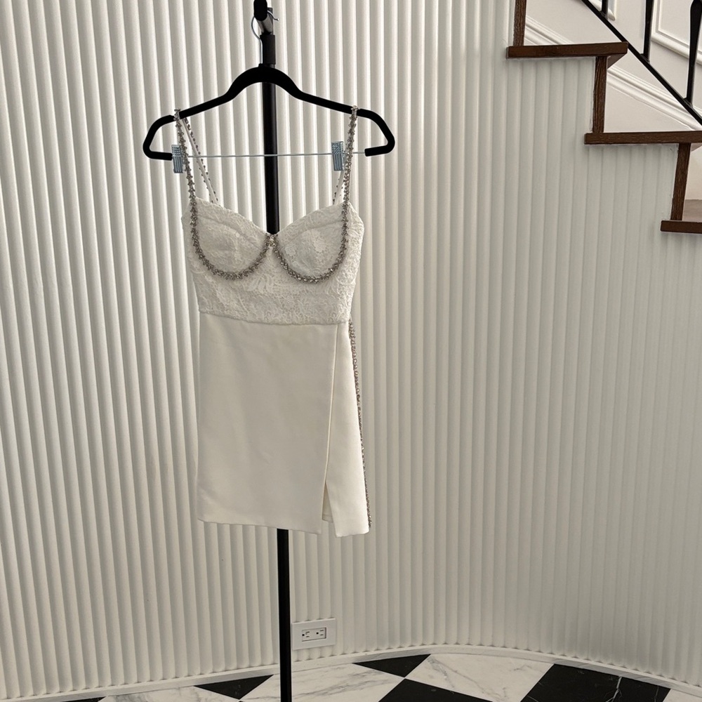 Self-Portrait White Mini Dress with Embellished Straps